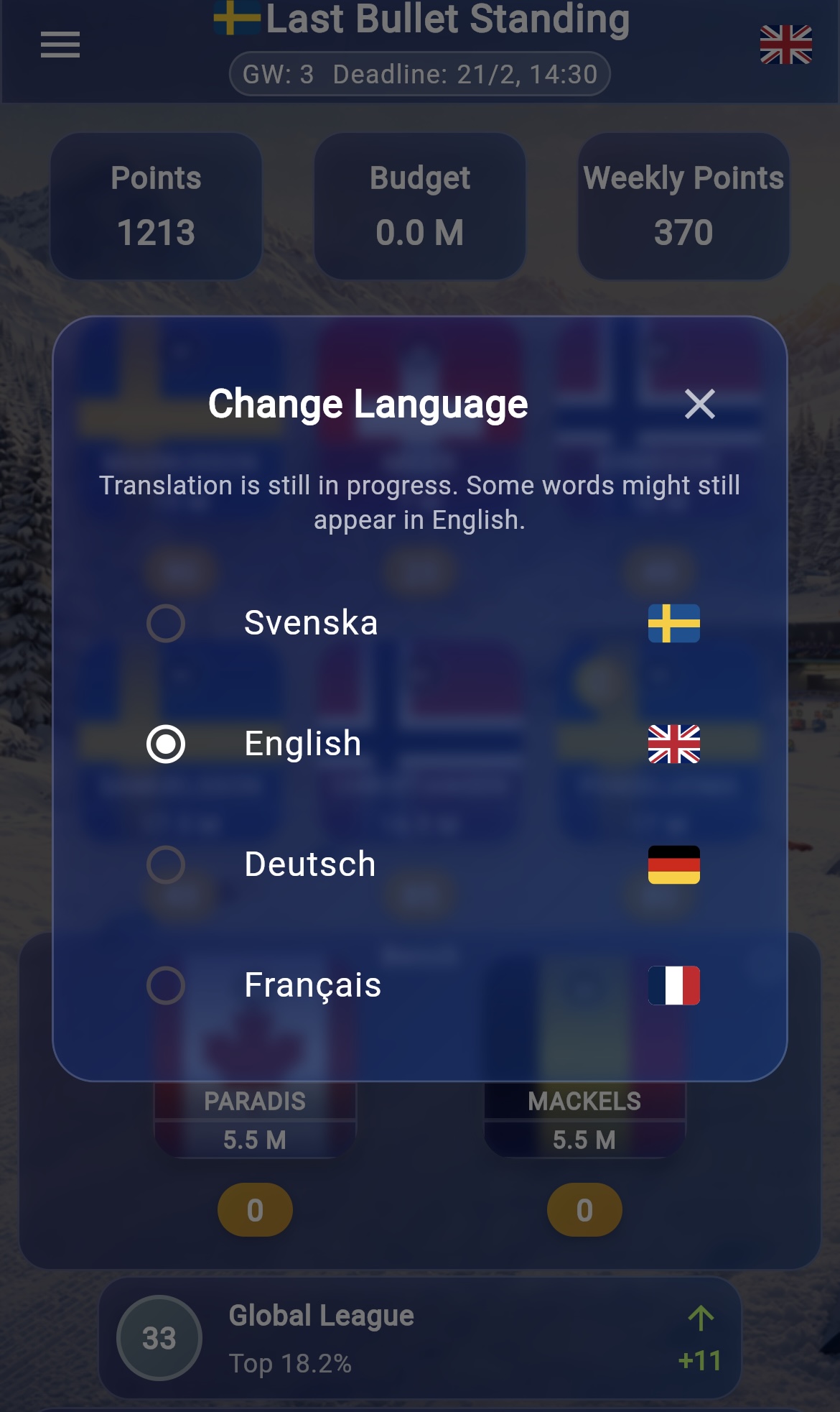Biathlon Fantasy language selection preview